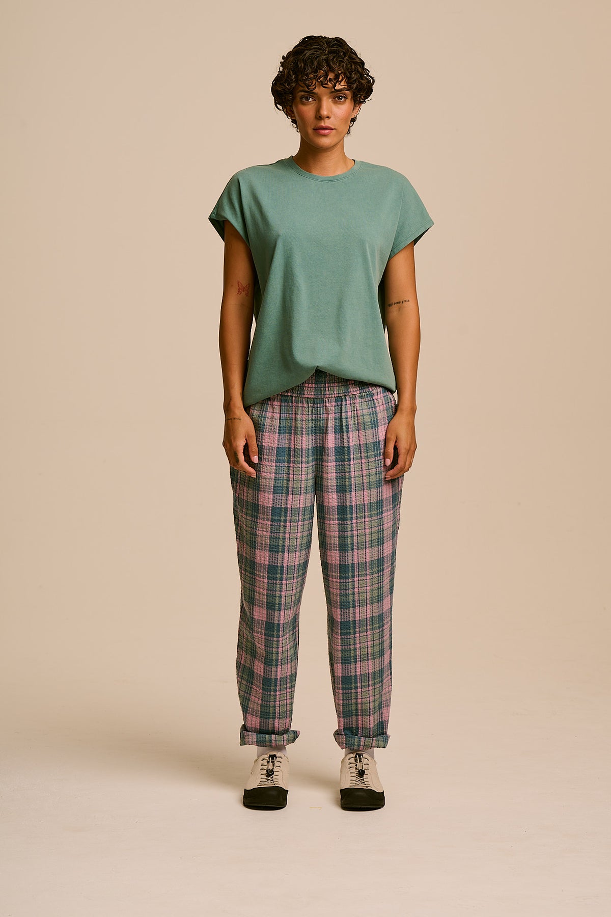 Alexa - Tapered Leg Trousers Organic Cotton Seersucker in Palace Check