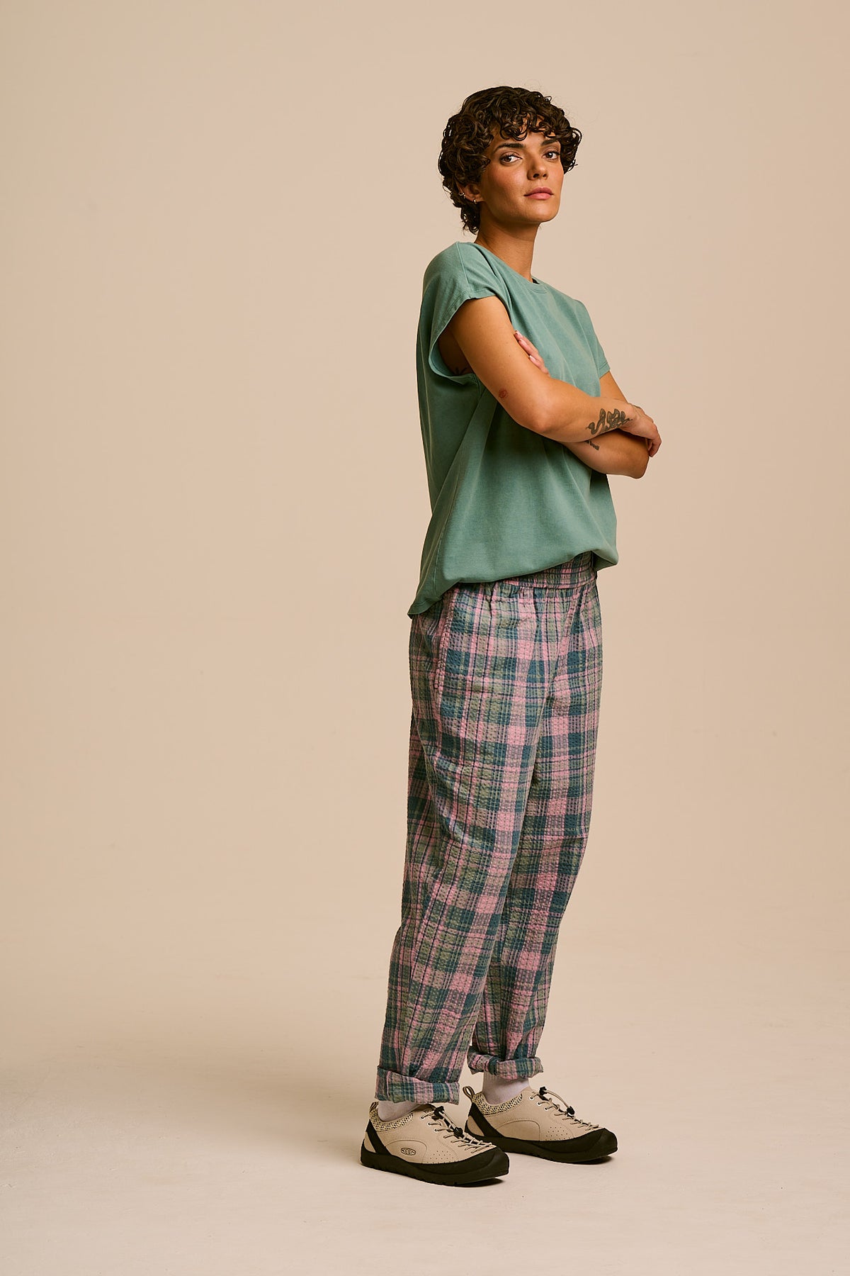 Alexa - Tapered Leg Trousers Organic Cotton Seersucker in Palace Check