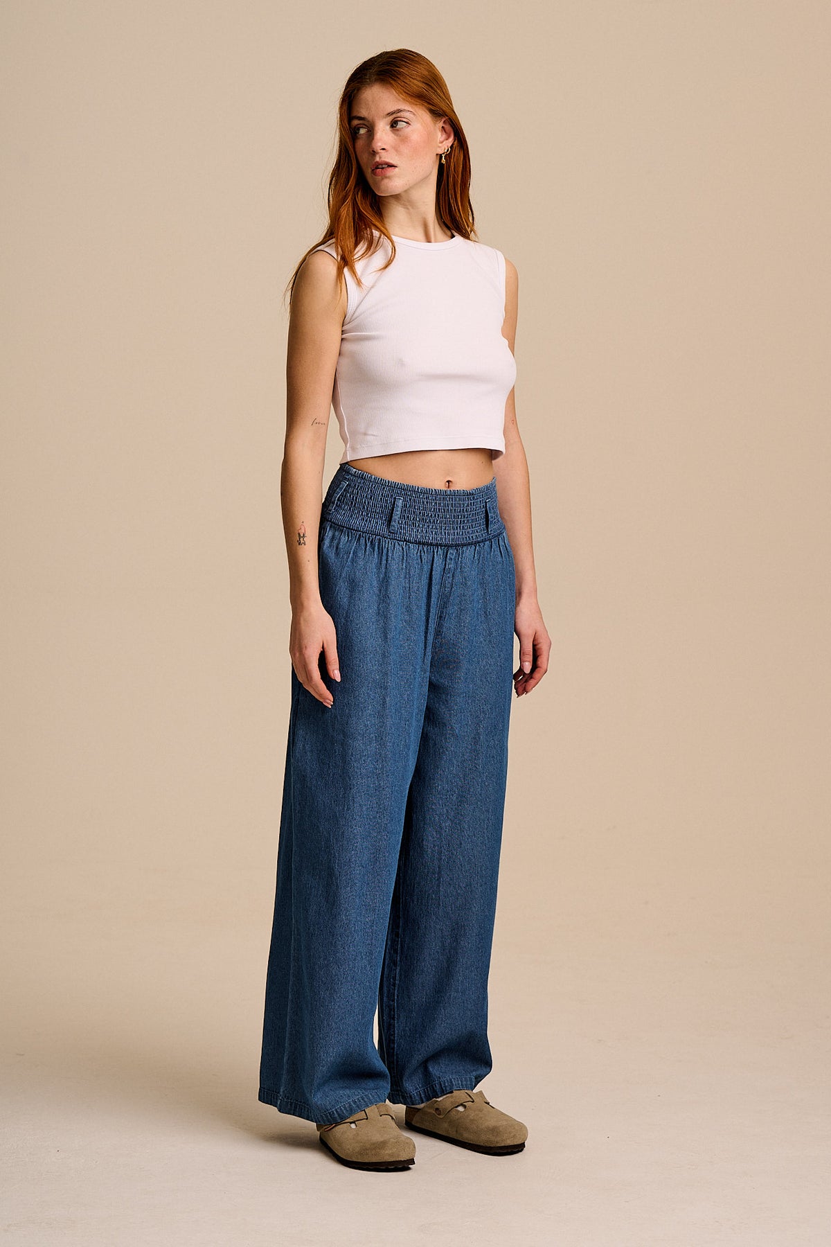 Alex - Wide Leg Trousers - Organic Cotton in Mid Wash Blue