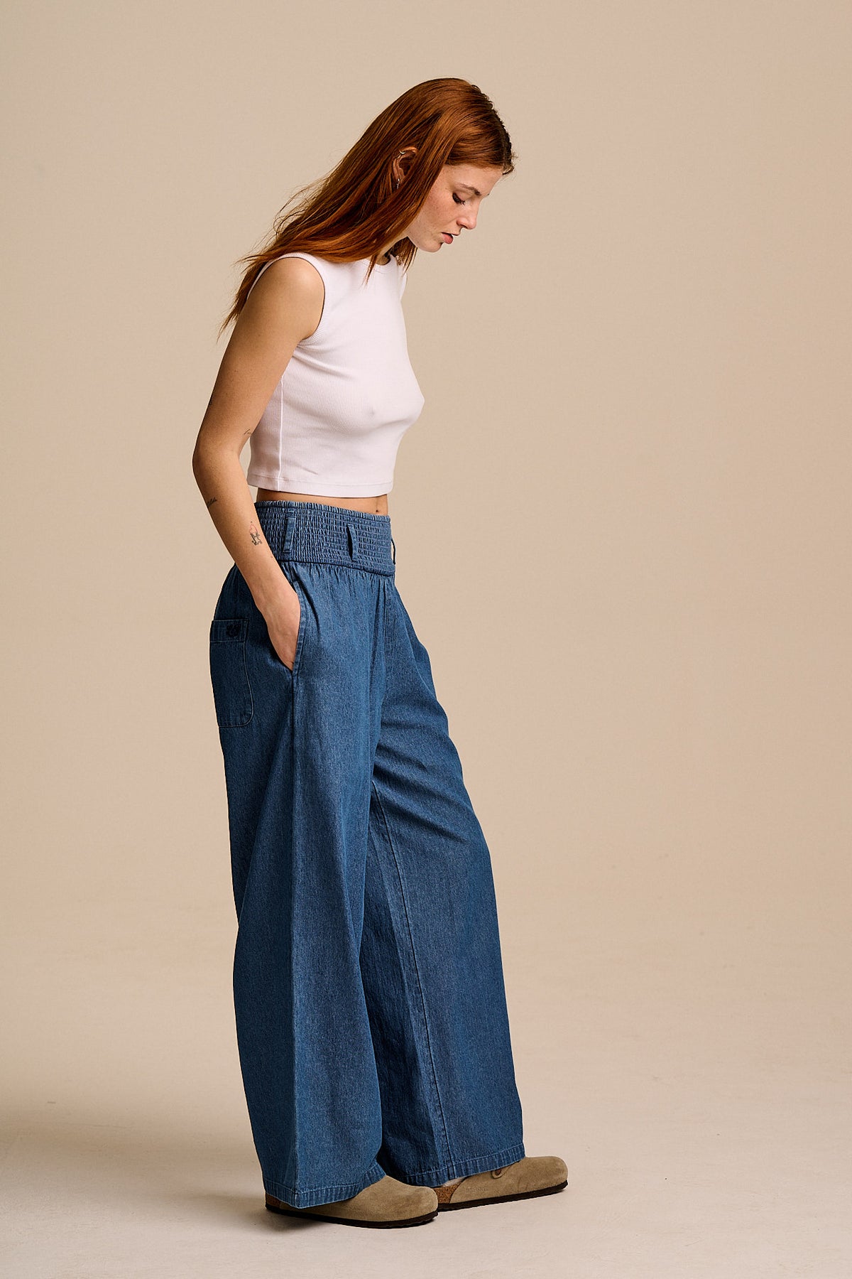 Alex - Wide Leg Trousers - Organic Cotton in Mid Wash Blue