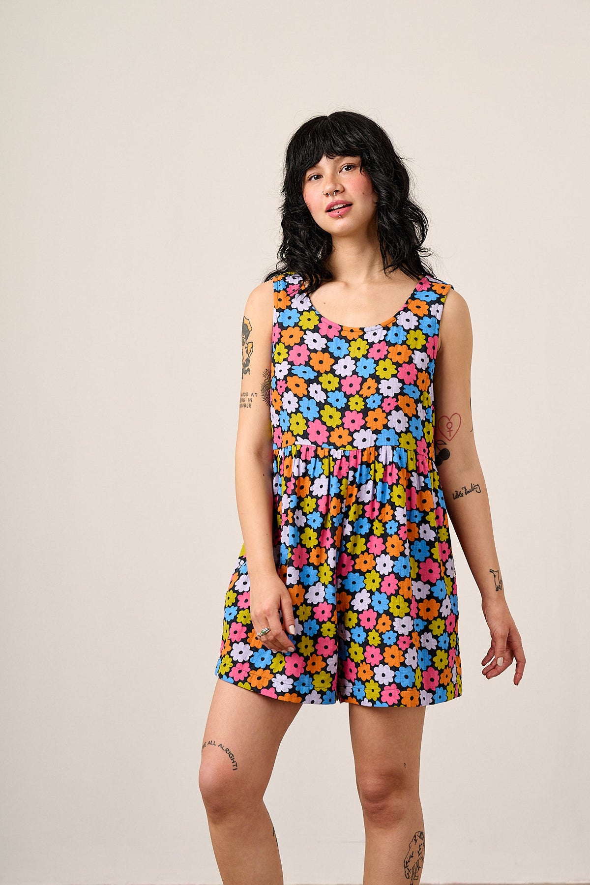 Alisa - Gathered Waist Playsuit Organic Cotton Double Gauze in Balloon Floral