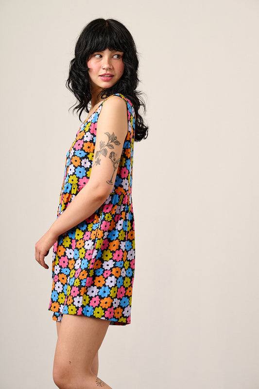 Alisa - Gathered Waist Playsuit Organic Cotton Double Gauze in Balloon Floral