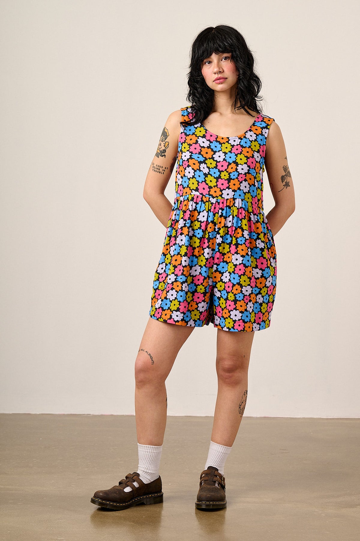 Alisa - Gathered Waist Playsuit Organic Cotton Double Gauze in Balloon Floral