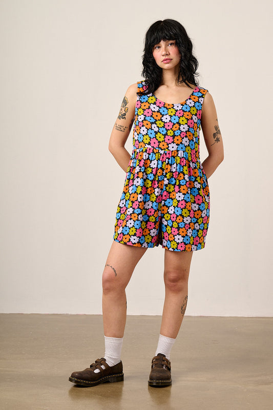 Alisa - Gathered Waist Playsuit Organic Cotton Double Gauze in Balloon Floral