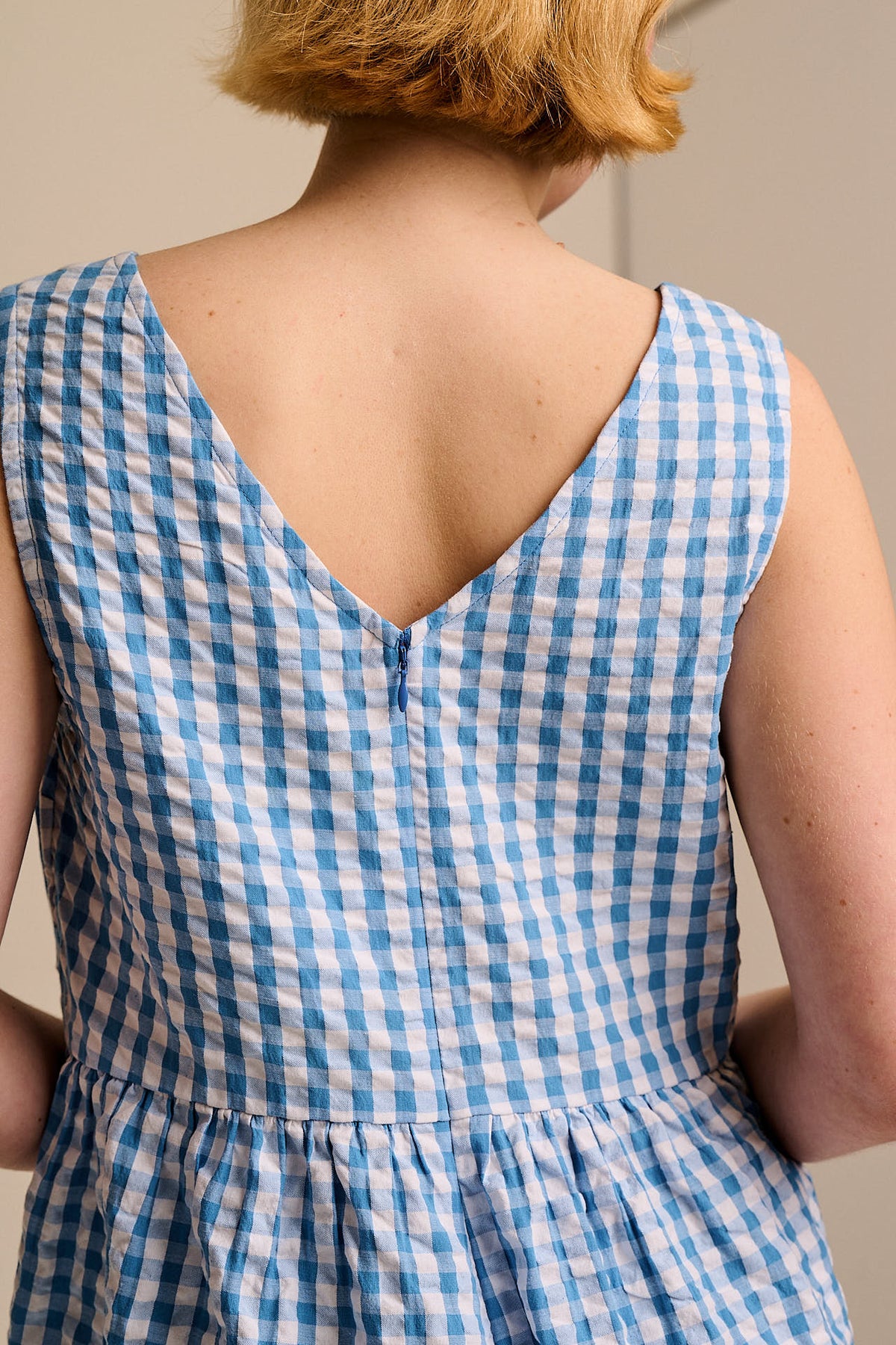 Alisa - Gathered Waist Playsuit Organic Cotton Seersucker in Blue Gingham
