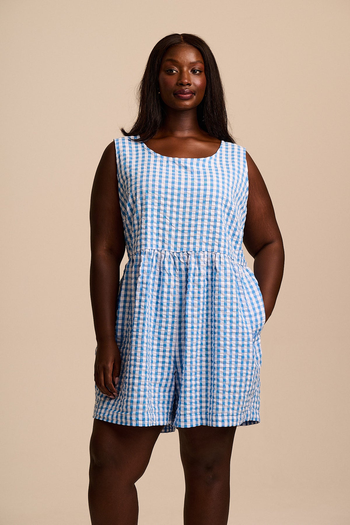 Alisa - Gathered Waist Playsuit Organic Cotton Seersucker in Blue Gingham
