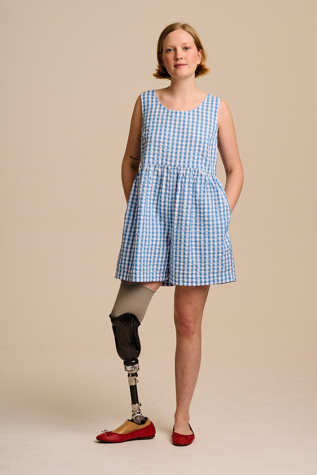 Alisa - Gathered Waist Playsuit Organic Cotton Seersucker in Blue Gingham
