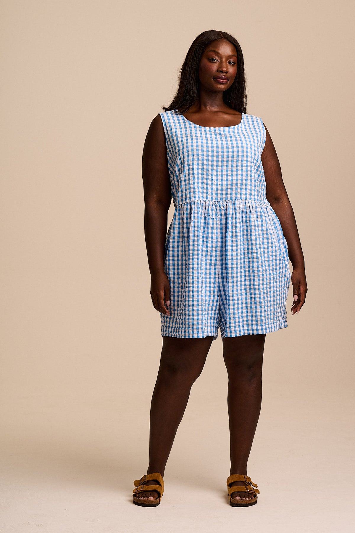Alisa - Gathered Waist Playsuit Organic Cotton Seersucker in Blue Gingham
