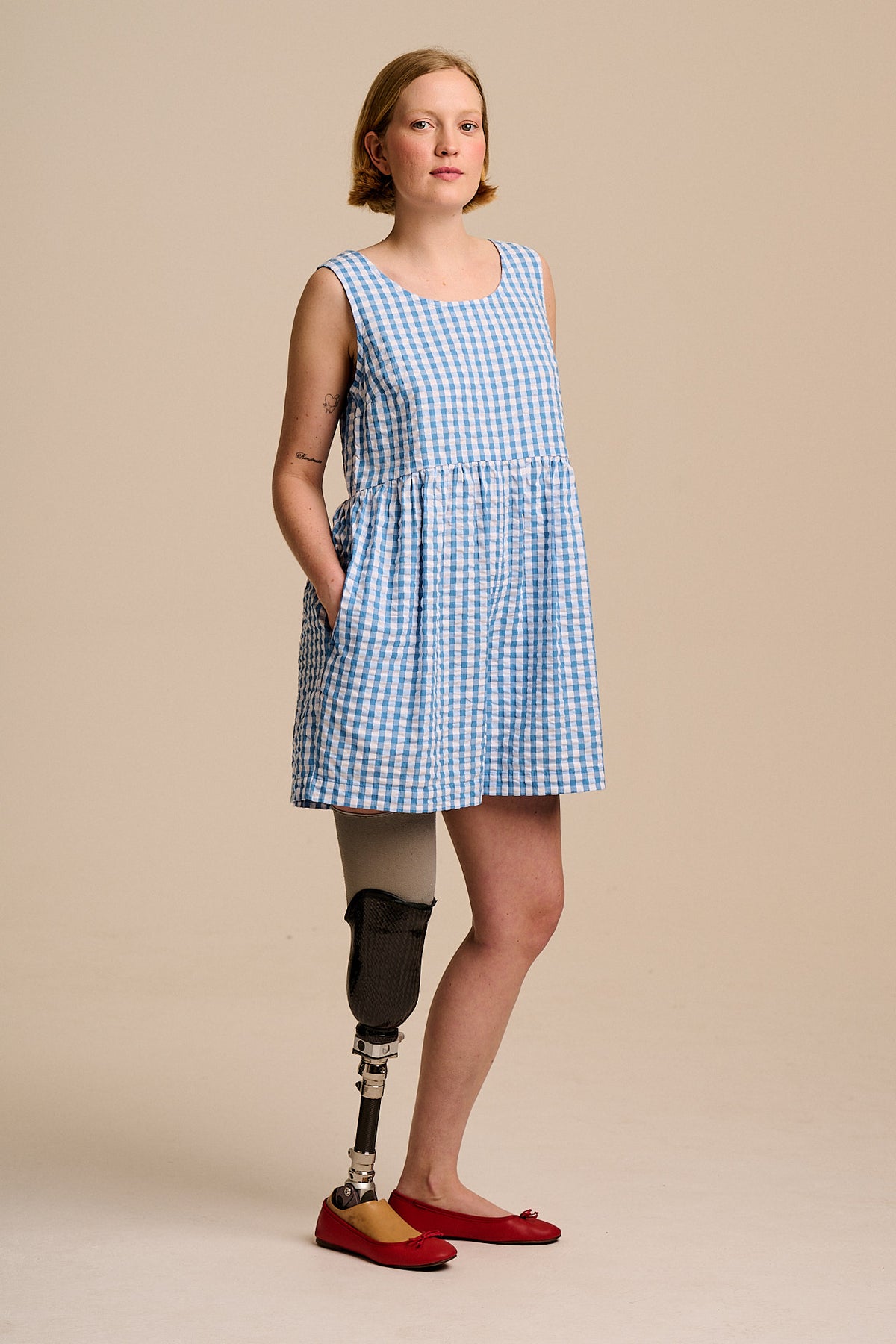 Alisa - Gathered Waist Playsuit Organic Cotton Seersucker in Blue Gingham
