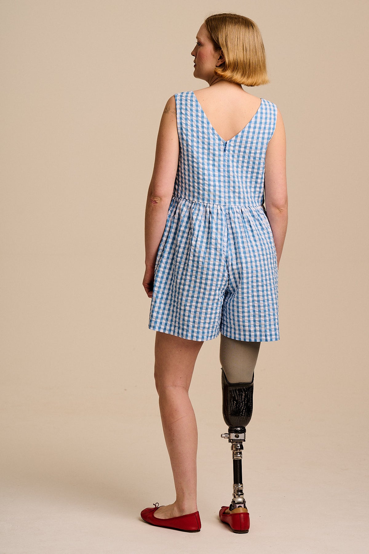 Alisa - Gathered Waist Playsuit Organic Cotton Seersucker in Blue Gingham