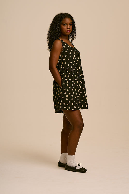 Alisa - Gathered Waist Playsuit Organic Cotton Double Gauze in Black & Ecru Polka Dot