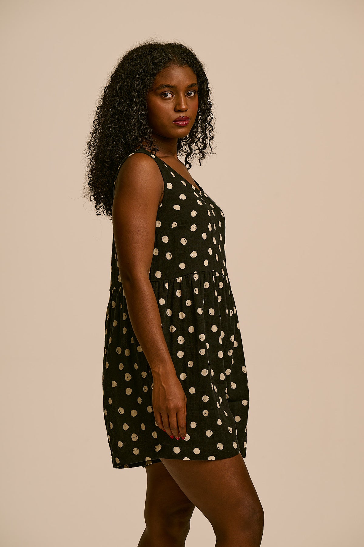 Alisa - Gathered Waist Playsuit Organic Cotton Double Gauze in Black & Ecru Polka Dot