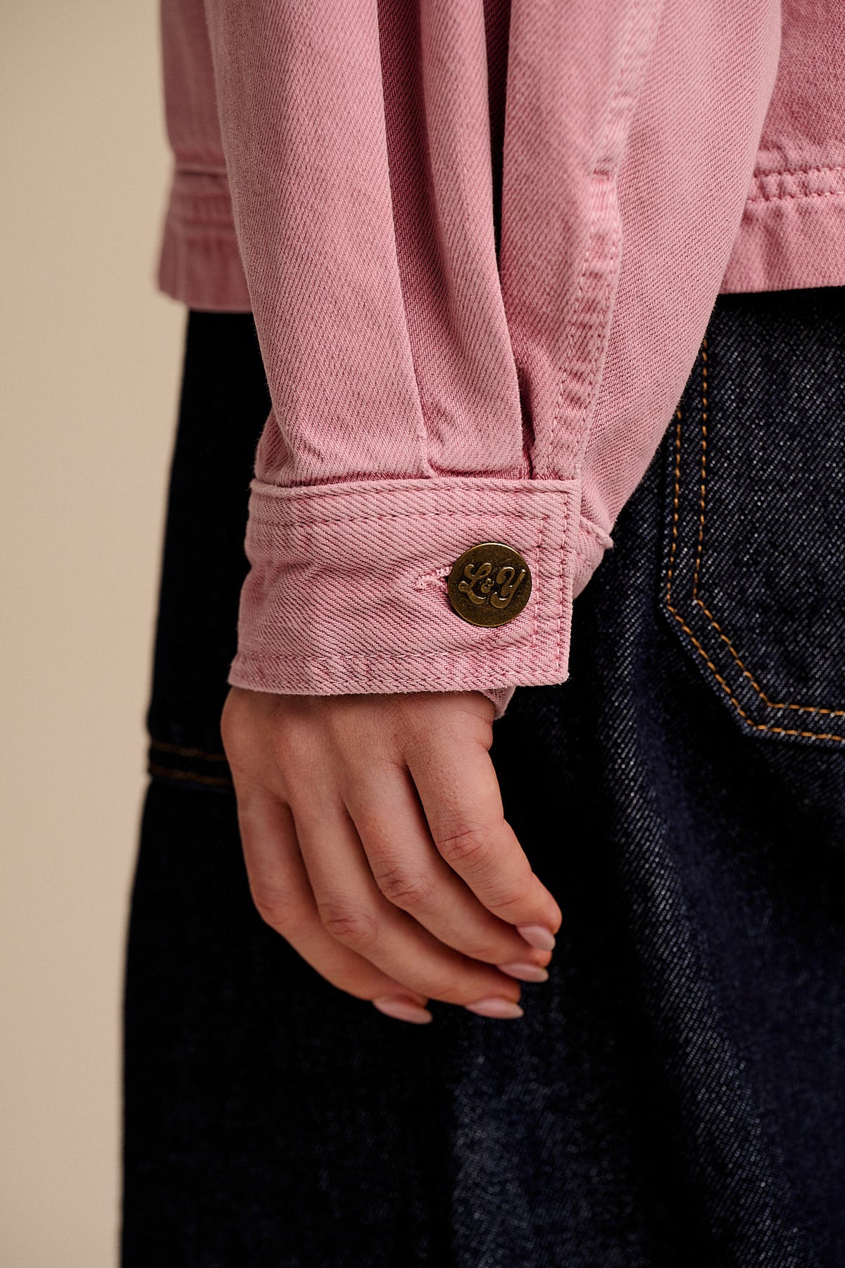 Amarante - Collarless Jacket Organic Cotton Denim in Pink Wash
