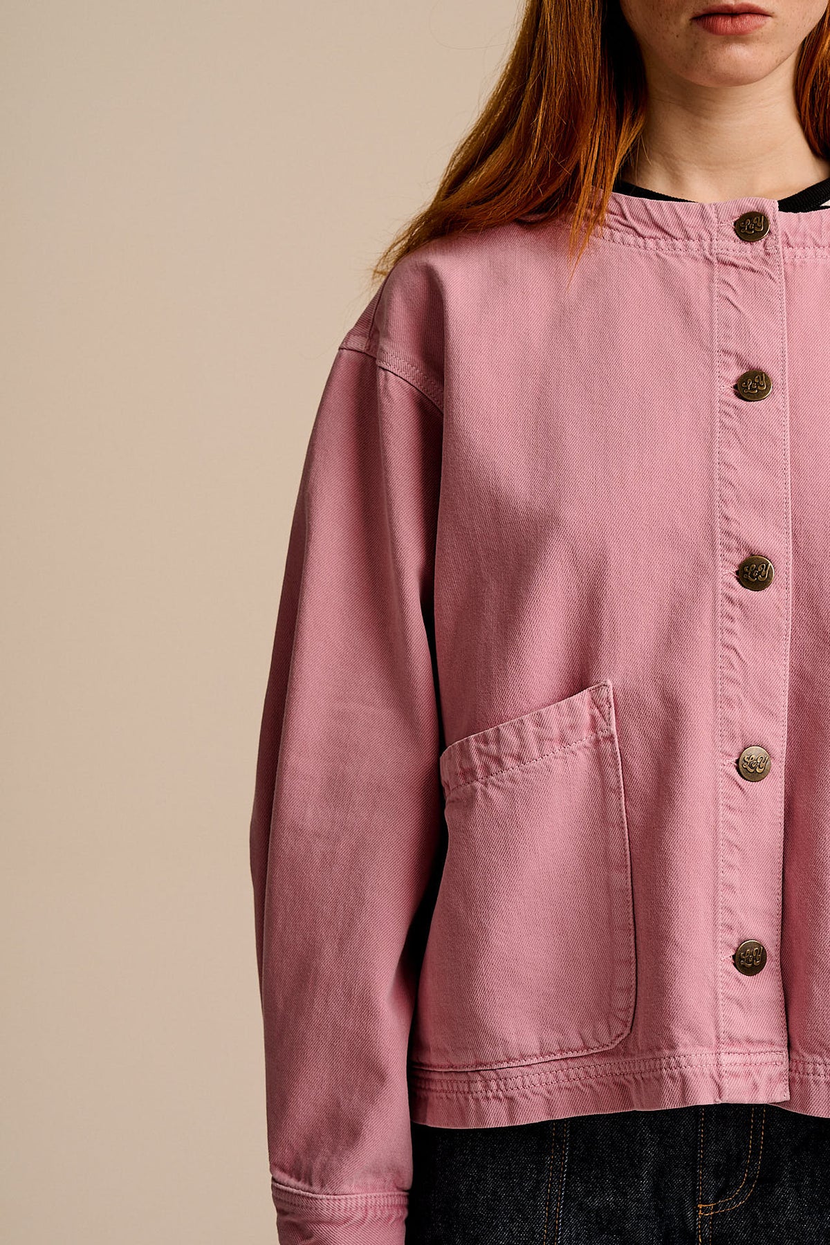 Amarante - Collarless Jacket Organic Cotton Denim in Pink Wash