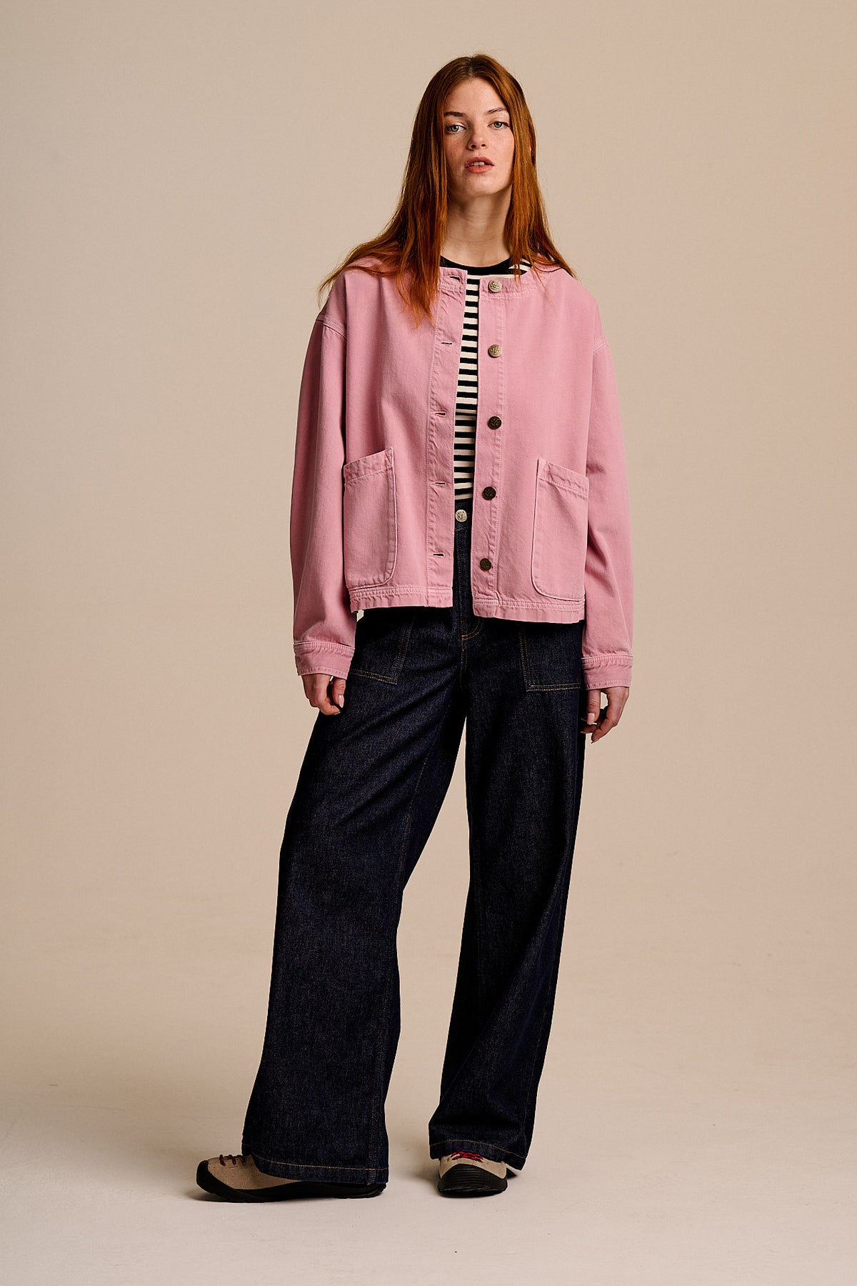 Amarante - Collarless Jacket Organic Cotton Denim in Pink Wash