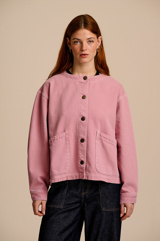 Amarante - Collarless Jacket Organic Cotton Denim in Pink Wash