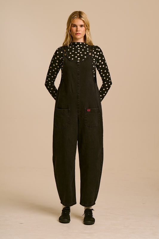 Ara - Barrel Leg Dungarees Organic Cotton Denim in Washed Black