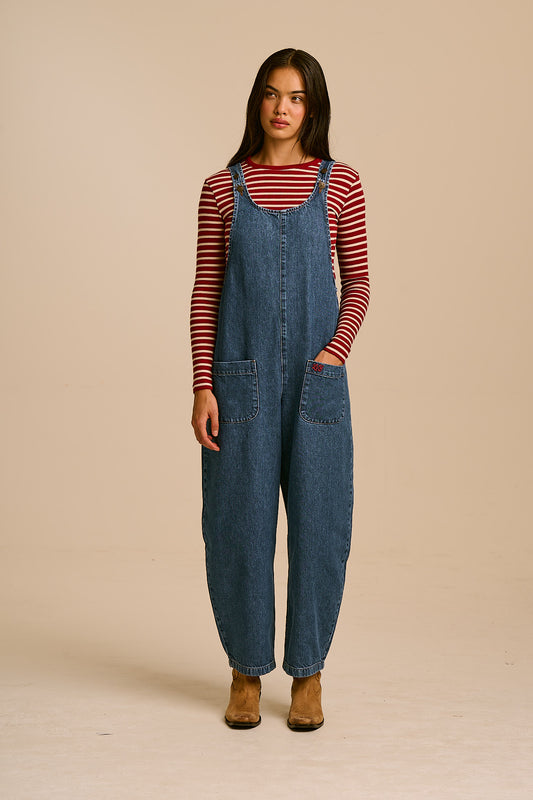 Ara - Barrel Leg Dungarees Organic Cotton Denim in New Mid Wash