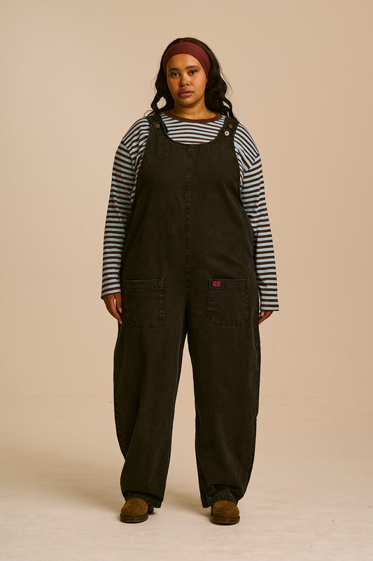 Ara - Barrel Leg Dungarees Organic Cotton Denim in Washed Black