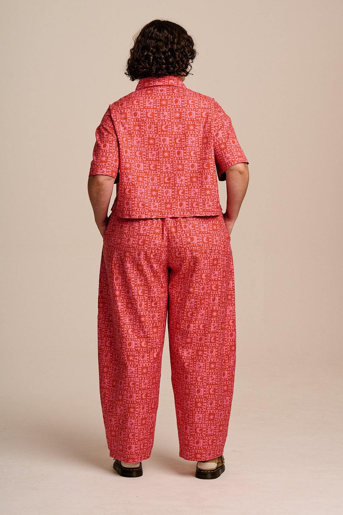 Freddie - Barrel Leg Trousers Organic Cotton in Pink & Red Lunar Checkerboard