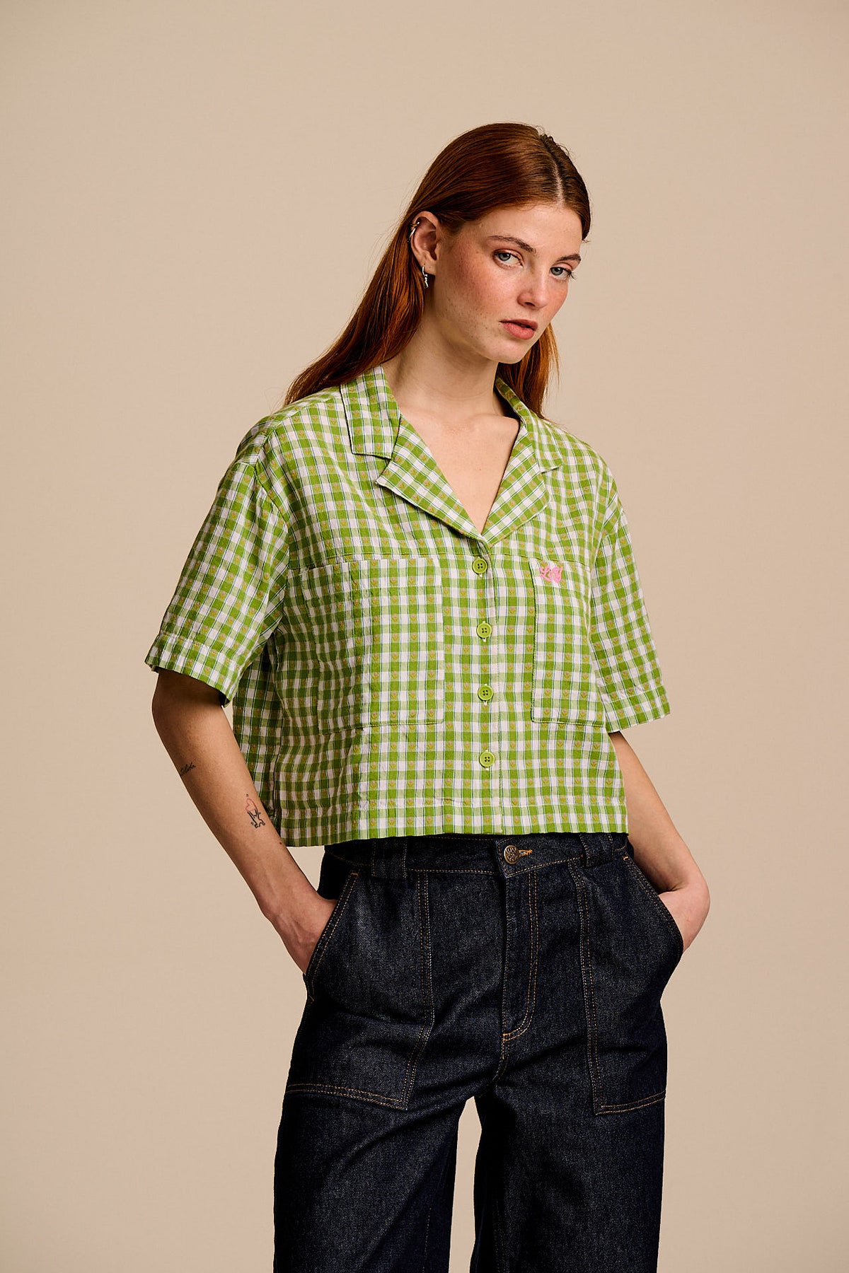 Alfie - Shirt Organic Cotton in Green & White Tulip Gingham