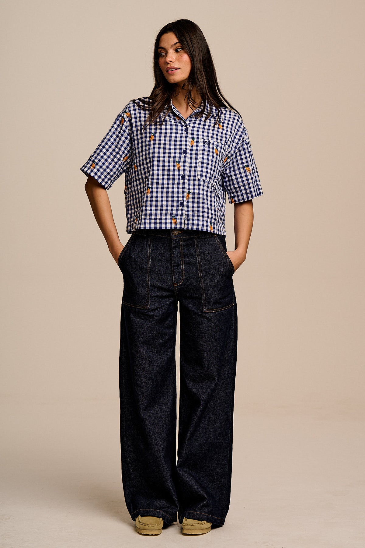 Archer - Cotton Shirt in Gingham with Carrot Embroidery