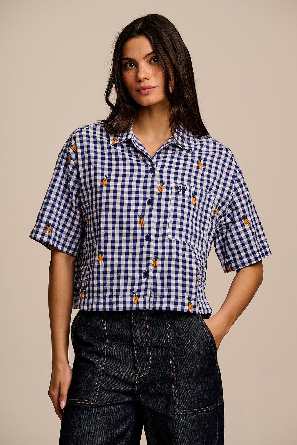 Archer - Cotton Shirt in Gingham with Carrot Embroidery