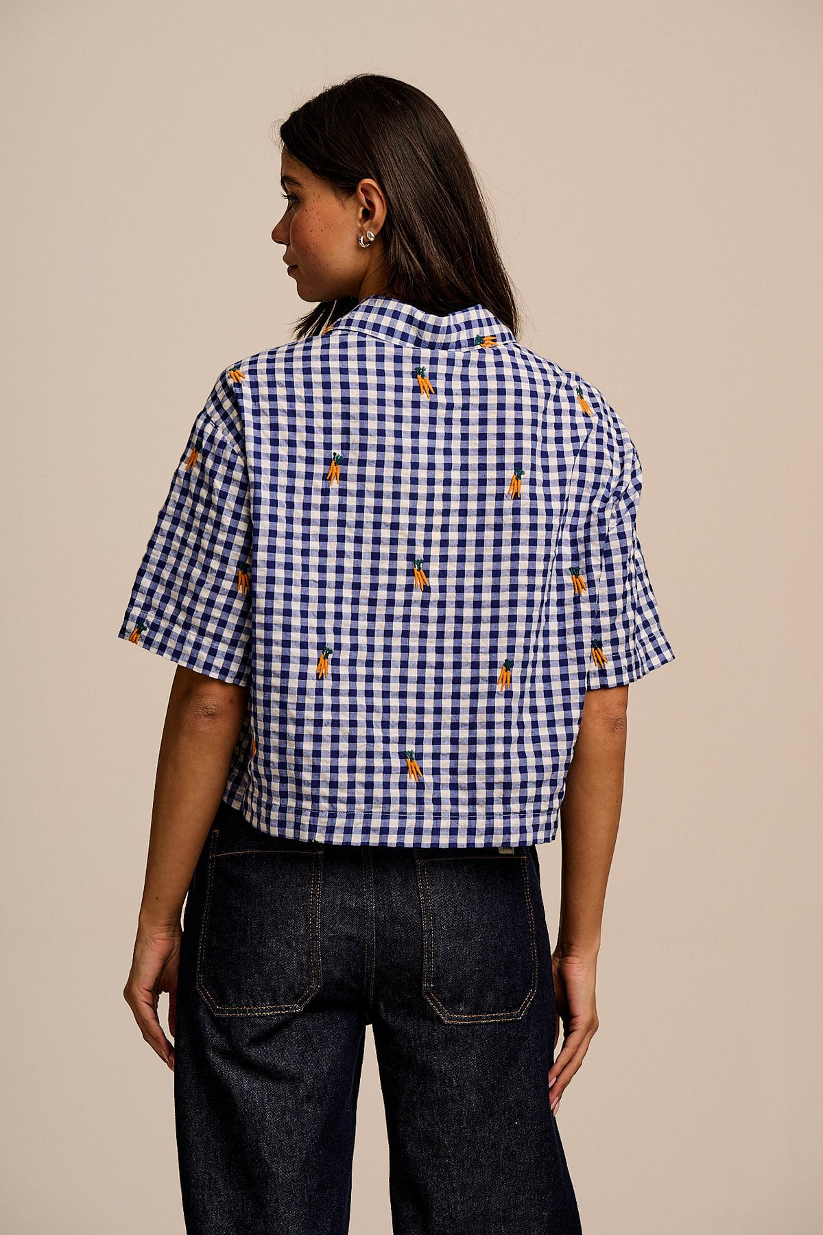 Archer - Cotton Shirt in Gingham with Carrot Embroidery