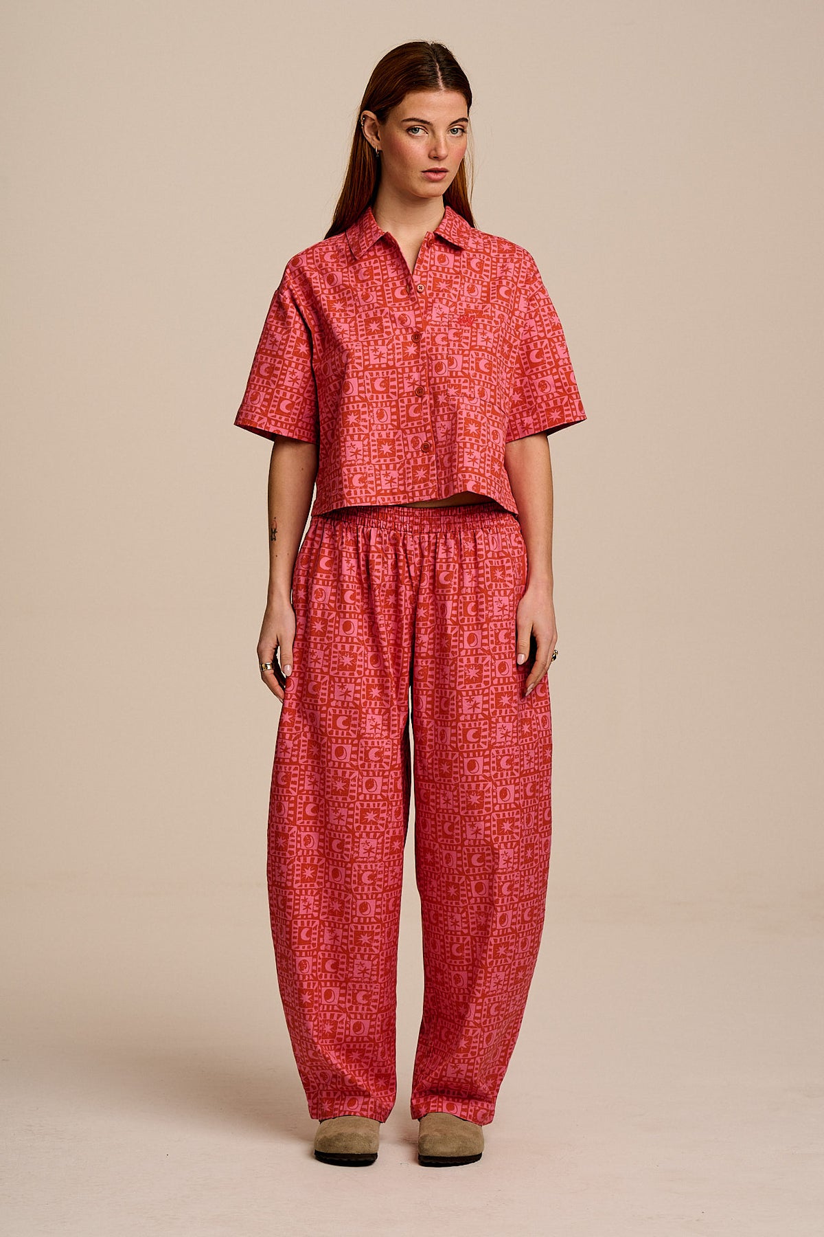 Freddie - Barrel Leg Trousers Organic Cotton in Pink & Red Lunar Checkerboard