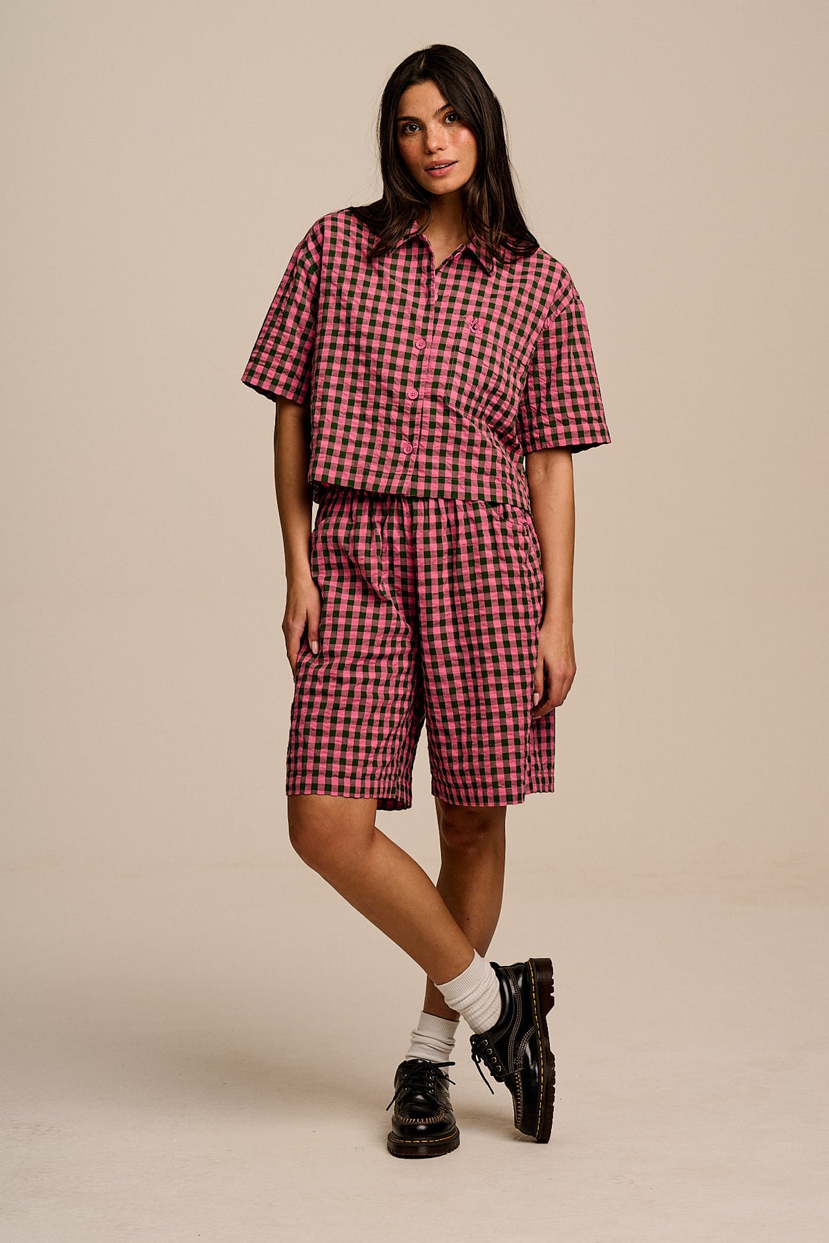 Archer - Cotton Shirt in Pink & Green Gingham