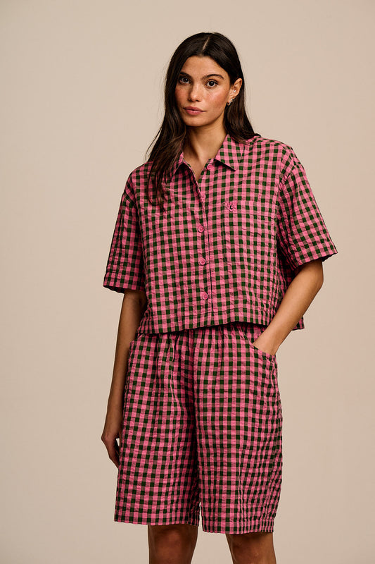 Madero - Knee Length Shorts Organic Cotton Seersucker in Pink & Green Gingham