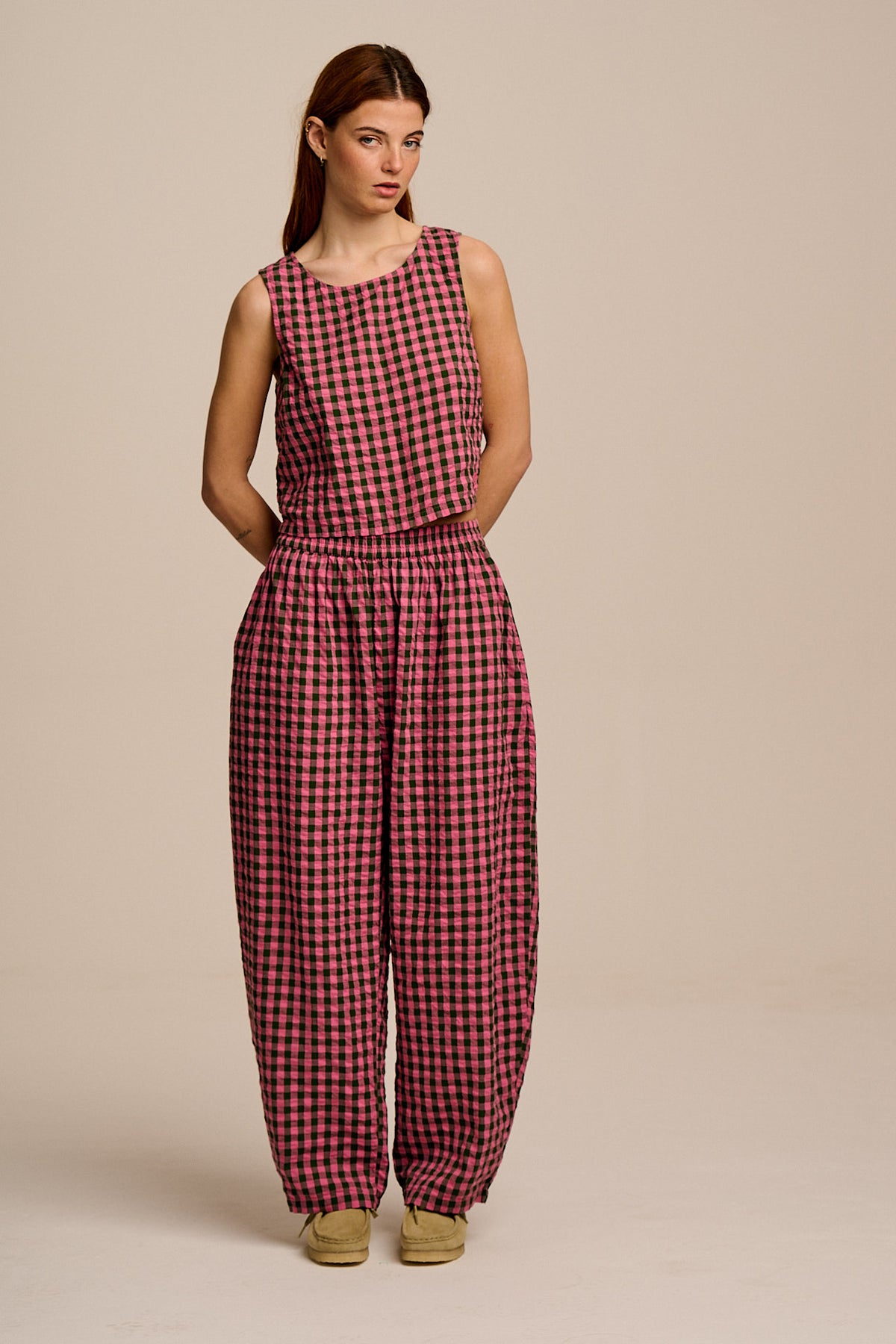 Freddie - Barrel Leg Trousers Organic Cotton Seersucker in Pink & Green Gingham