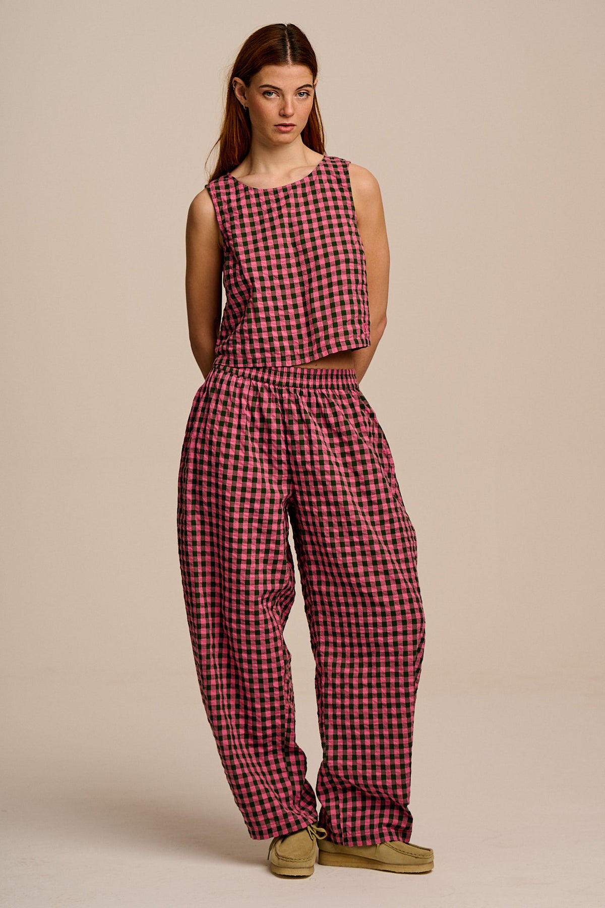 Arden - Shell Top Organic Cotton Seersucker in Pink & Green Check