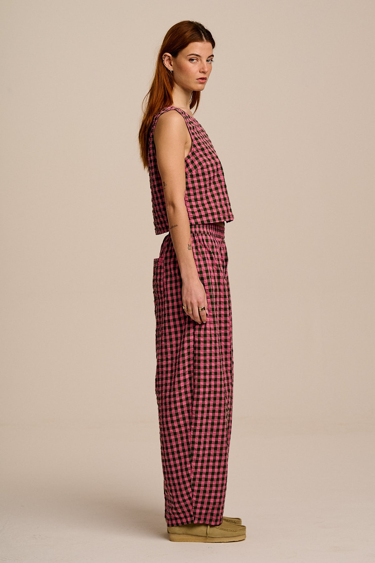 Freddie - Barrel Leg Trousers Organic Cotton Seersucker in Pink & Green Gingham