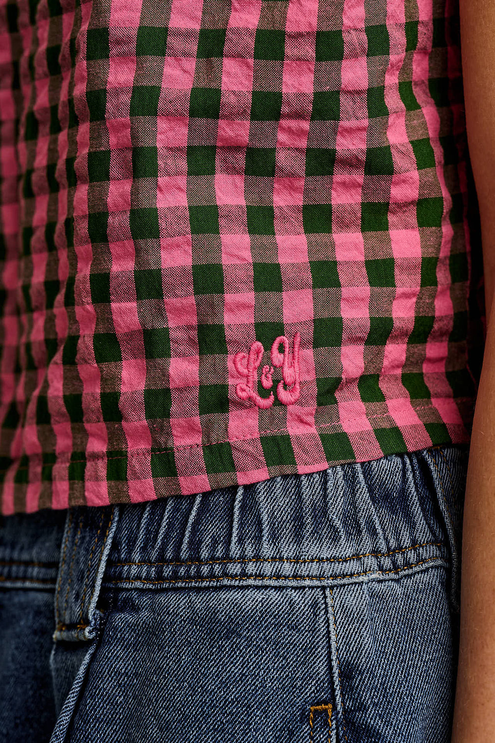 Arden - Shell Top Organic Cotton Seersucker in Pink & Green Check