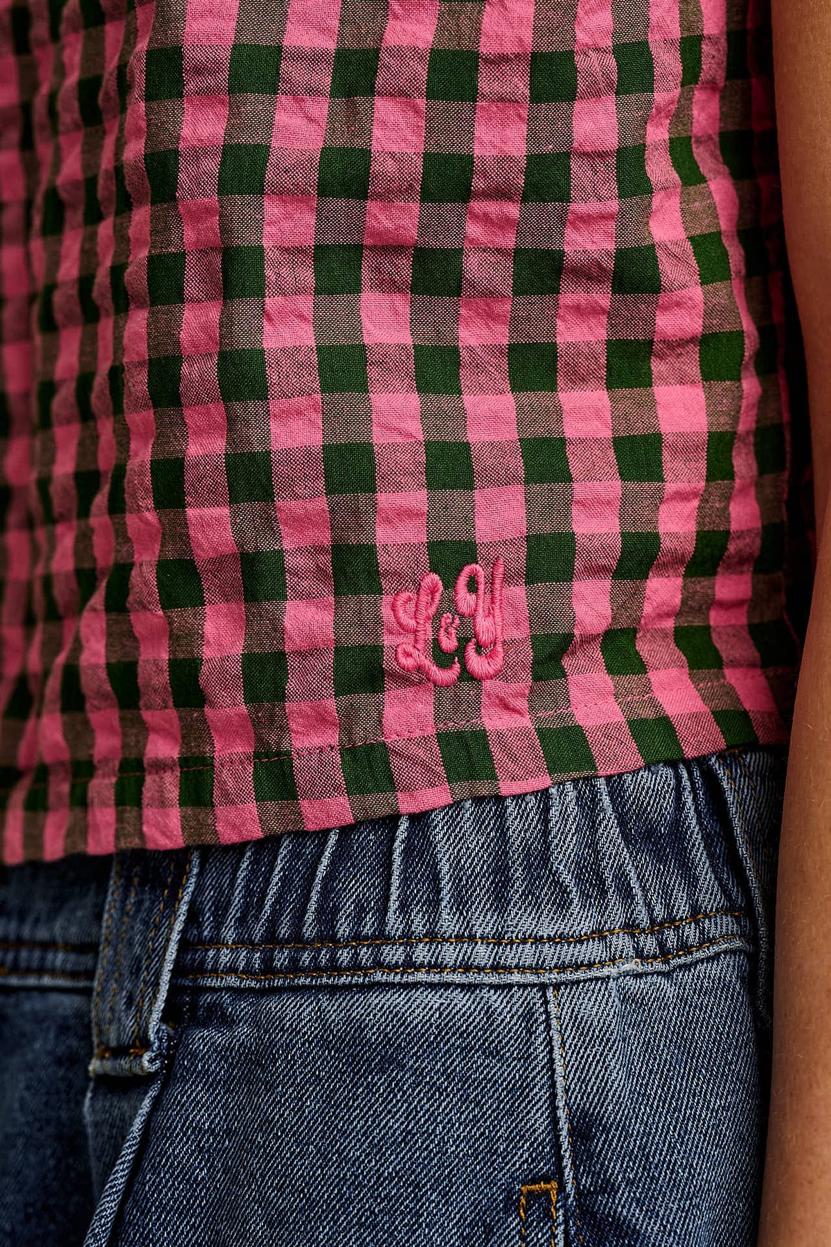Arden - Shell Top Organic Cotton Seersucker in Pink & Green Check