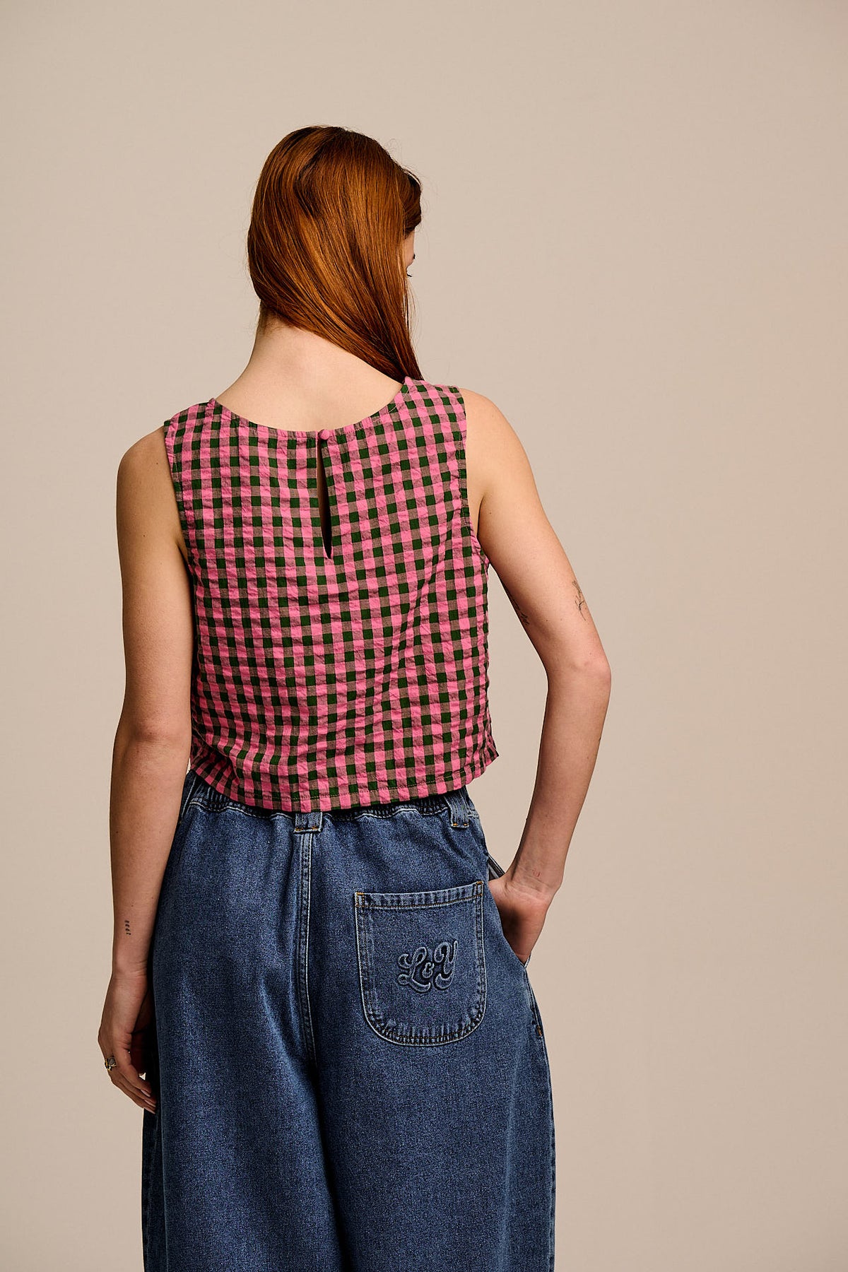 Arden - Shell Top Organic Cotton Seersucker in Pink & Green Check