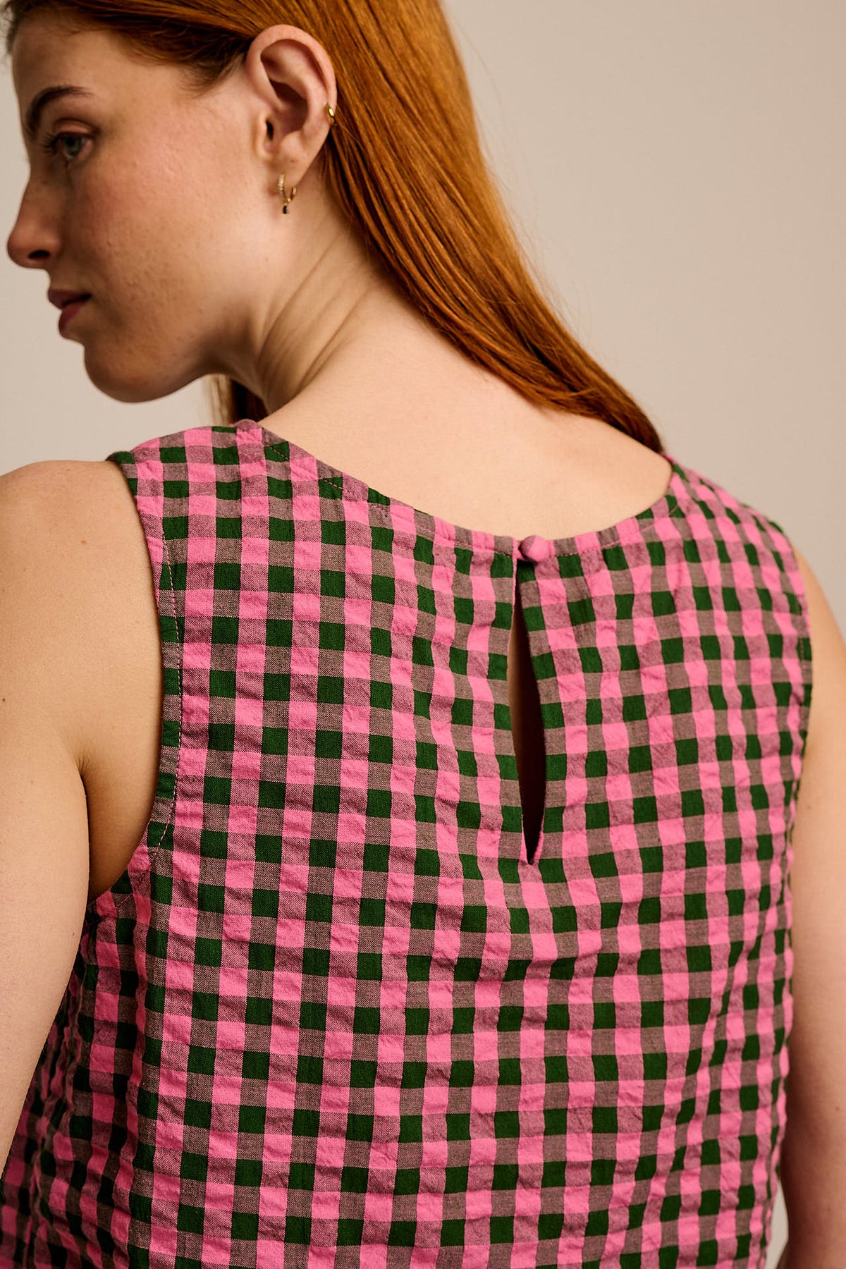 Arden - Shell Top Organic Cotton Seersucker in Pink & Green Check