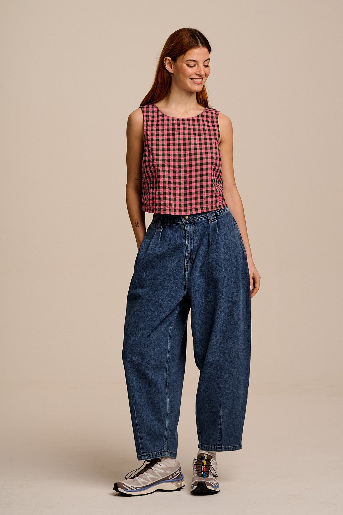 Arden - Shell Top Organic Cotton Seersucker in Pink & Green Check