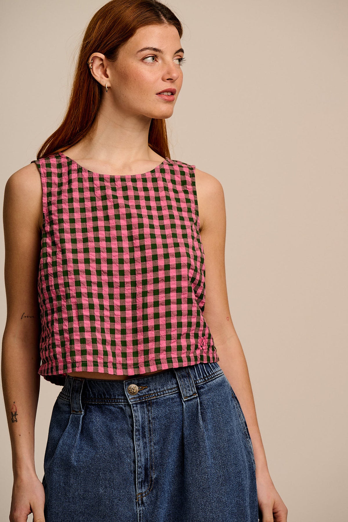 Arden - Shell Top Organic Cotton Seersucker in Pink & Green Check