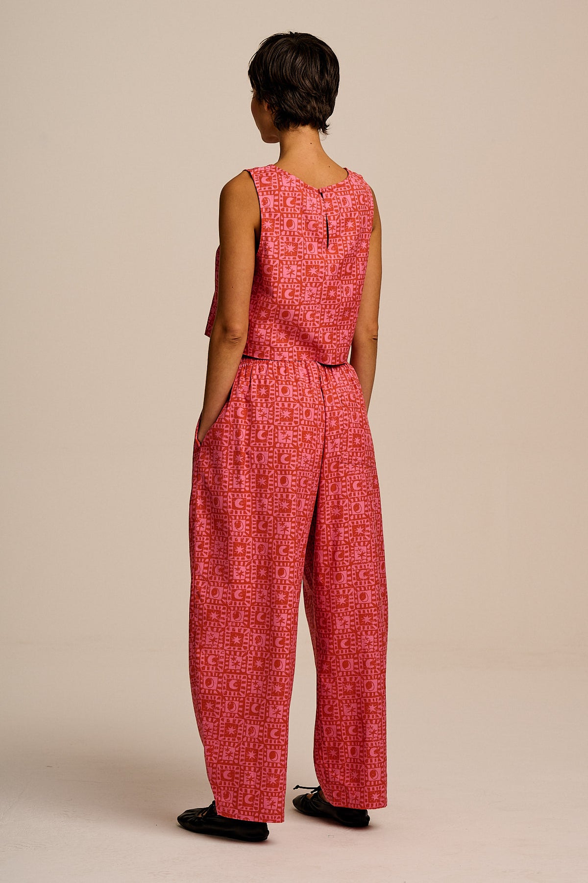 Freddie - Barrel Leg Trousers Organic Cotton in Pink & Red Lunar Checkerboard