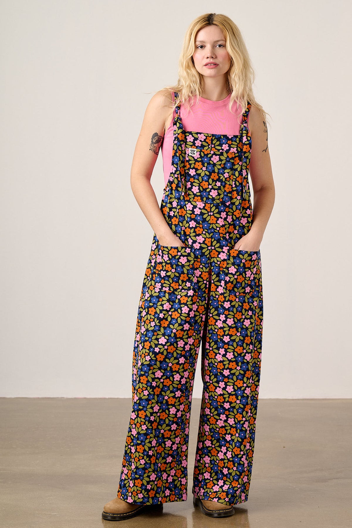 Arlo - Cotton Wide Leg Dungarees in Navy Floral