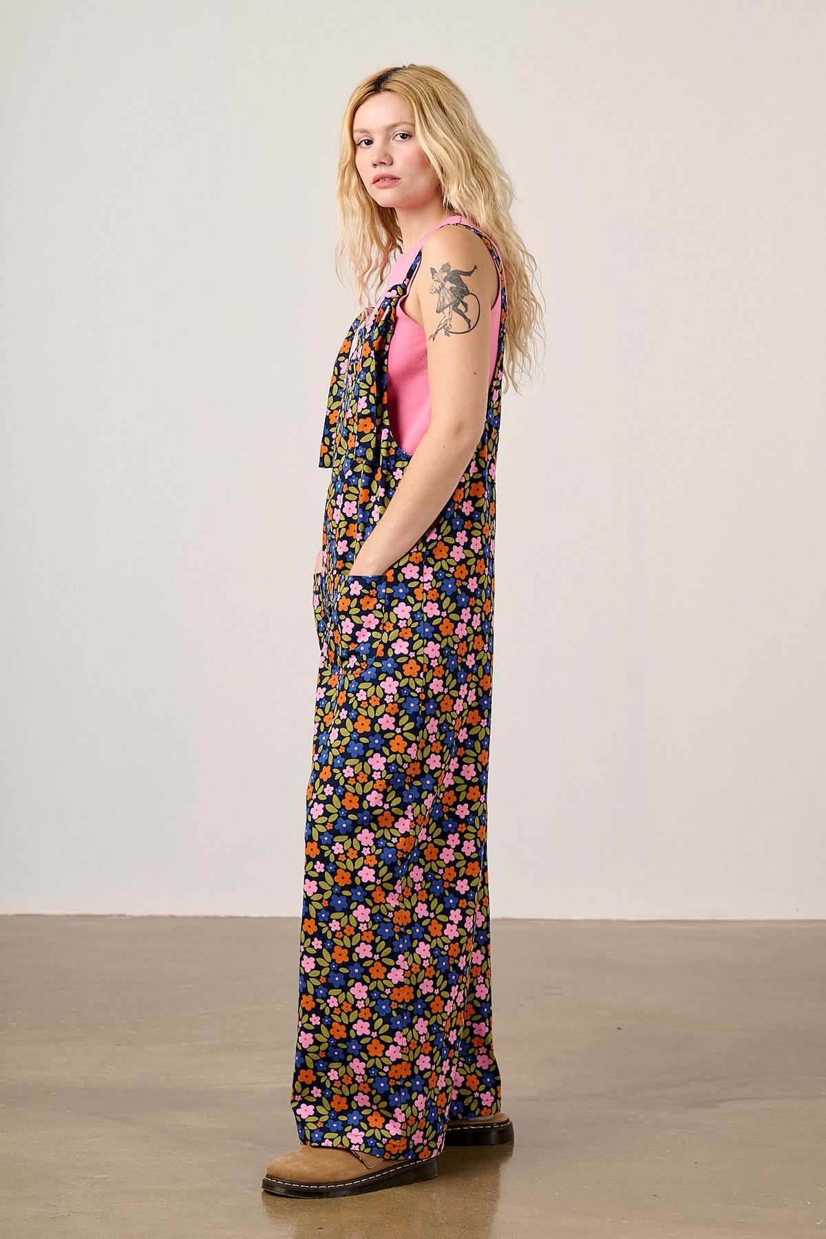 Arlo - Cotton Wide Leg Dungarees in Navy Floral
