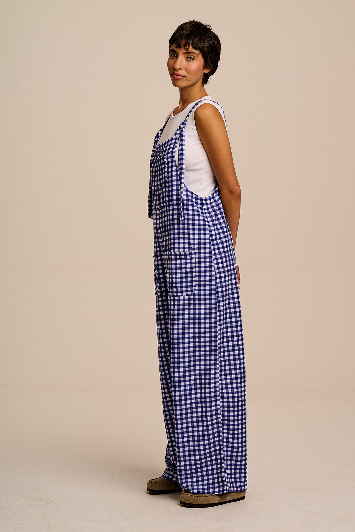 Arlo - Wide Leg Dungarees in Blue Gingham Check