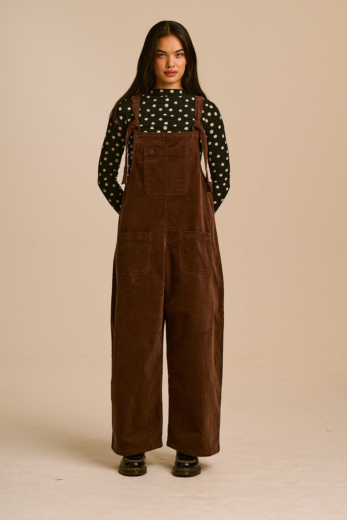 Arlo - Cord Wide Leg Dungarees in Chocolate