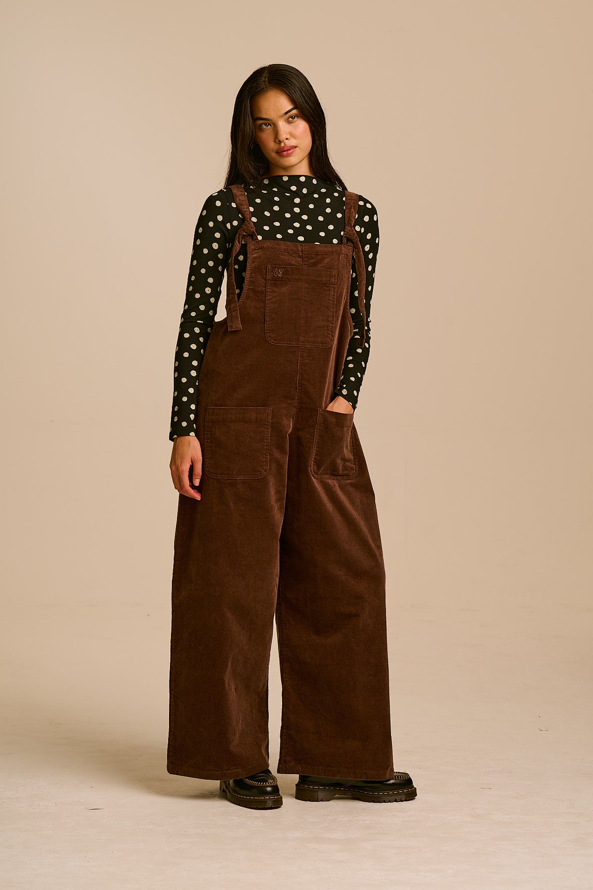 Arlo - Cord Wide Leg Dungarees in Chocolate