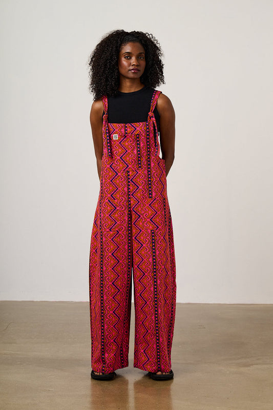 Arlo - Wide Leg Dungarees Organic Cotton in Red Zig Zag Stripe