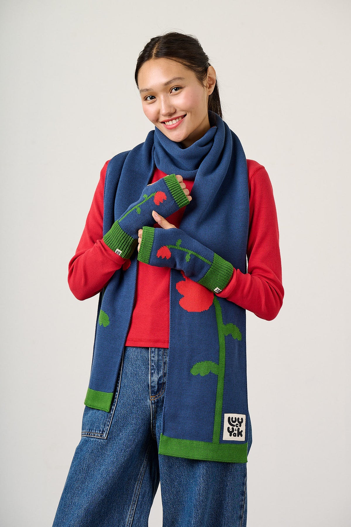 Aroha - Organic Cotton Knitted Scarf in Blue Tulip Floral