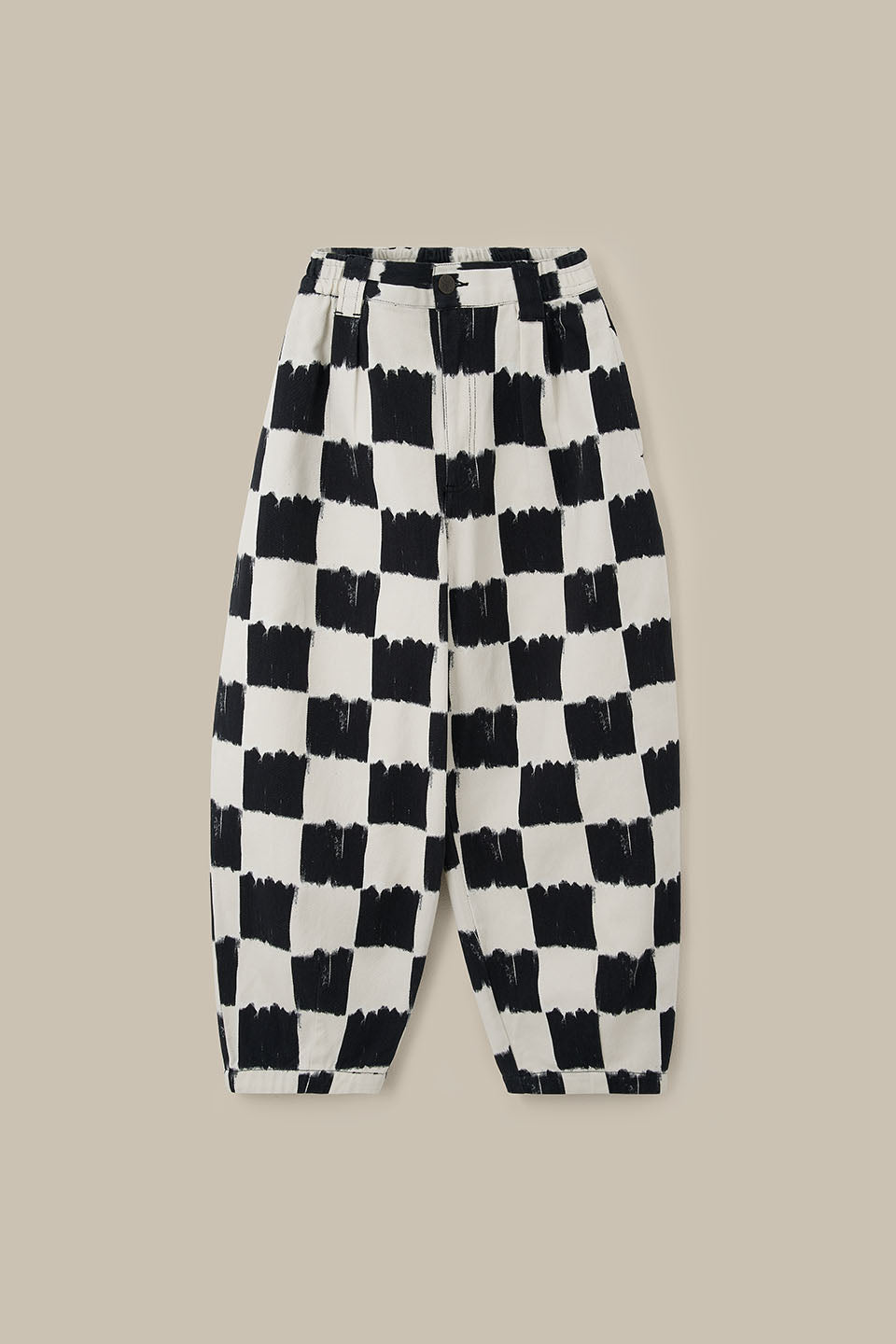 Ashby - Barrel Leg Trousers Organic Cotton in Black & Ecru Blurred Checkerboard