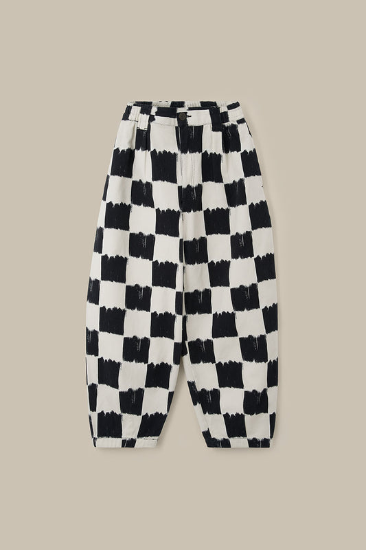 Ashby - Barrel Leg Trousers Organic Cotton in Black & Ecru Blurred Checkerboard